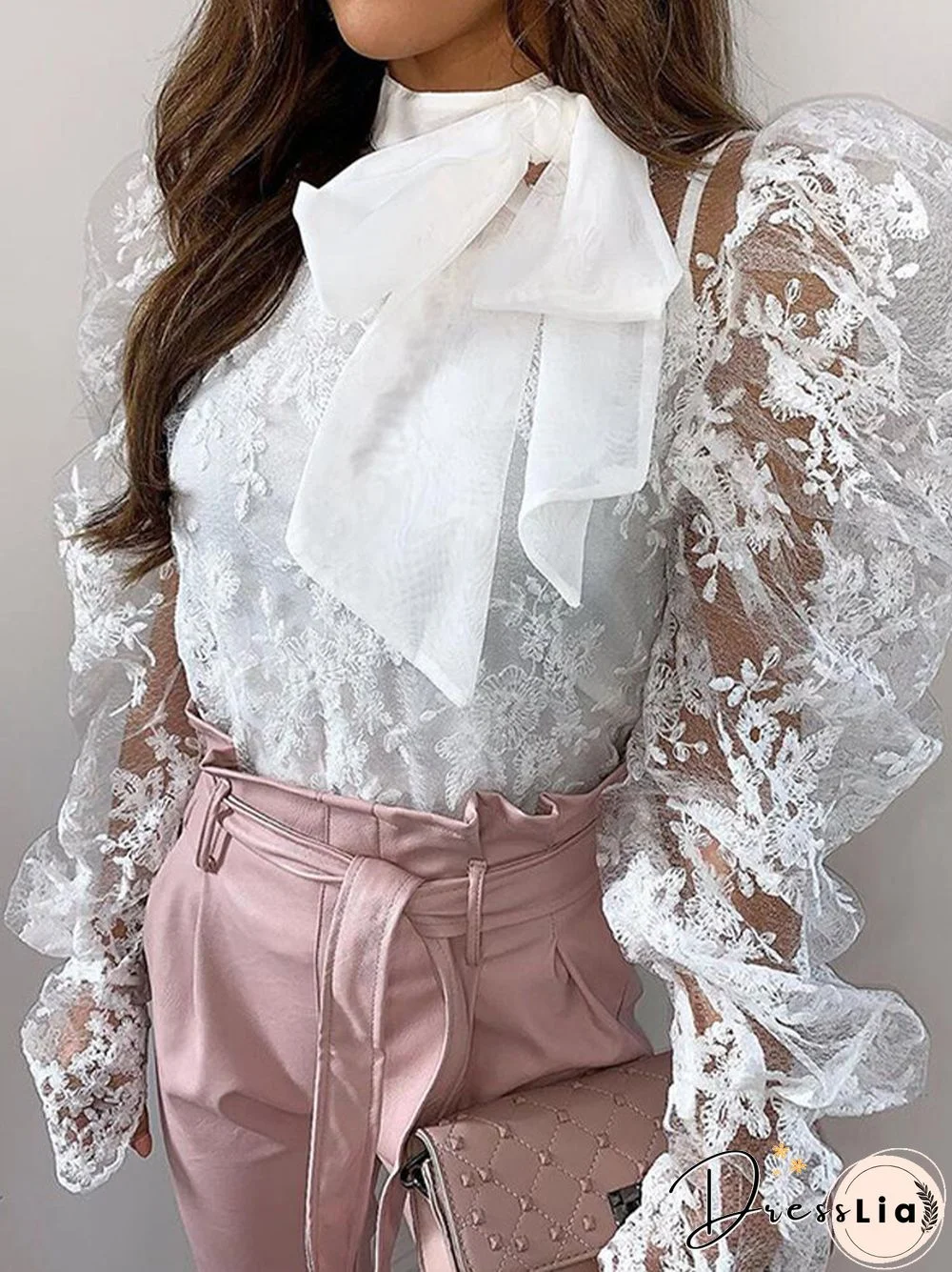 Lace Hollow Out Bowknot Tie Long Puff Sleeve Vintage Blouse