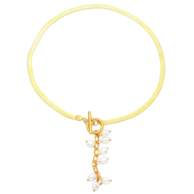 Baroque Palace Style Imitation Pearl Tassel Necklace Vintage Geometric Flat Snake Bone Necklace Europe And America  Niche Accessories