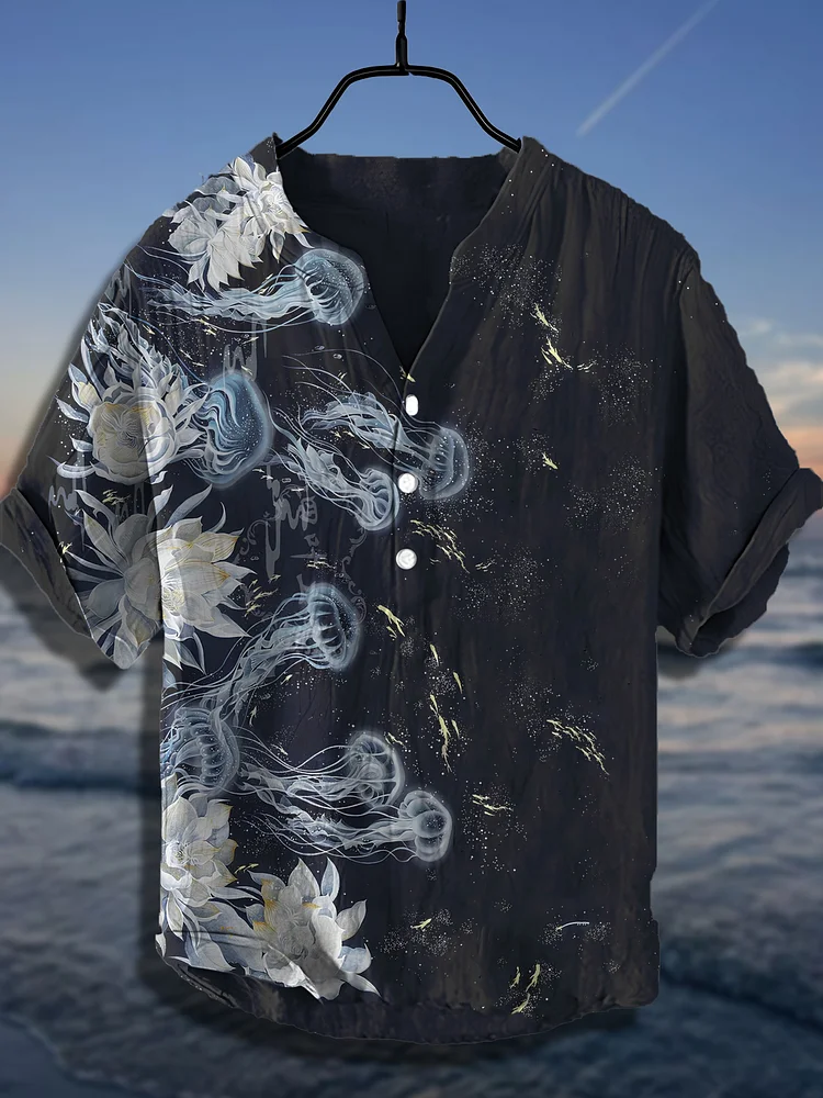 Men's Flower Jellyfish Fish Japanese Art Print Half Button Shirt