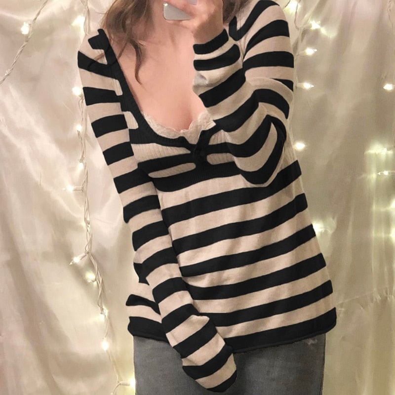 Rapcopter Y2K Button Sweaters O Neck Full Sleeve A-Line Jumpers Sweet Cute Striped Pullovers Women Autumn Winter Knitwear Retro