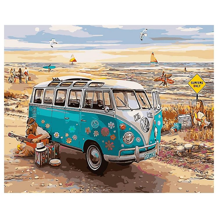 Seaside House Car - Painting By Numbers - 40x50cm