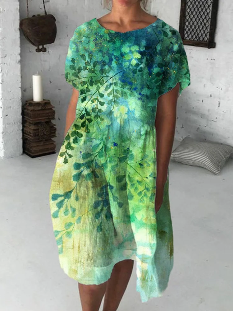 Leaves Gradient Watercolor Art Midi Dress