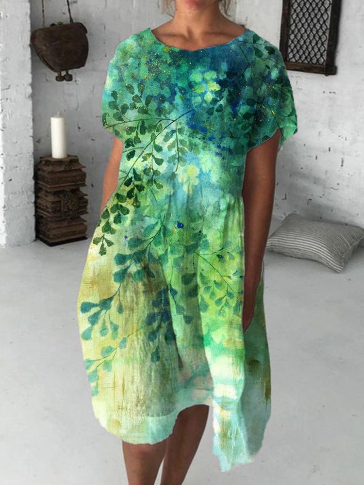 Comstylish Leaves Gradient Watercolor Art Midi Dress