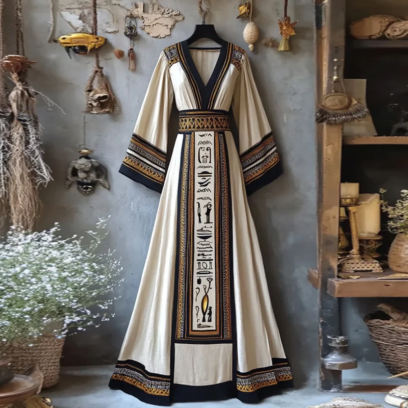 Vintage Ankh Ancient Egyptian Embroidered Art Maxi Dress