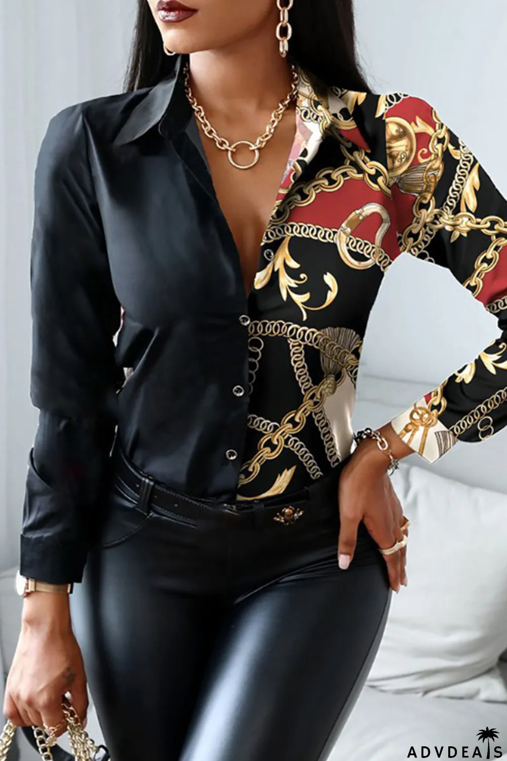 Red Black Casual Print Patchwork Buckle Turndown Collar Tops