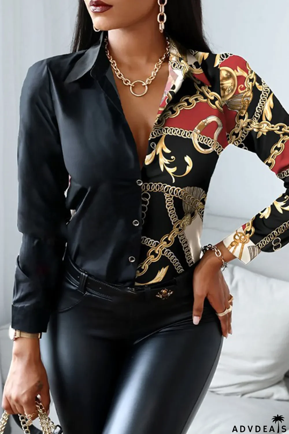 Red Black Casual Print Patchwork Buckle Turndown Collar Tops