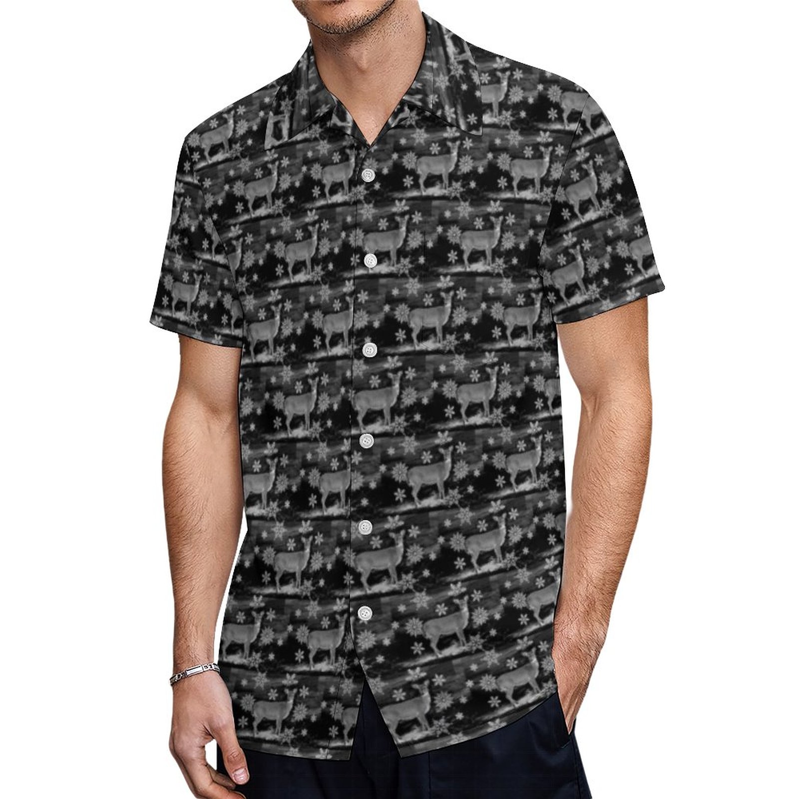 Winter Season Deer And Snowflakes Black Print Hawaiian Shirt Mens Button Down Tropical Hawaii Beach Shirts