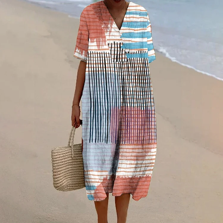 Women's Abstract Stripe Print Flowy Linen Dress