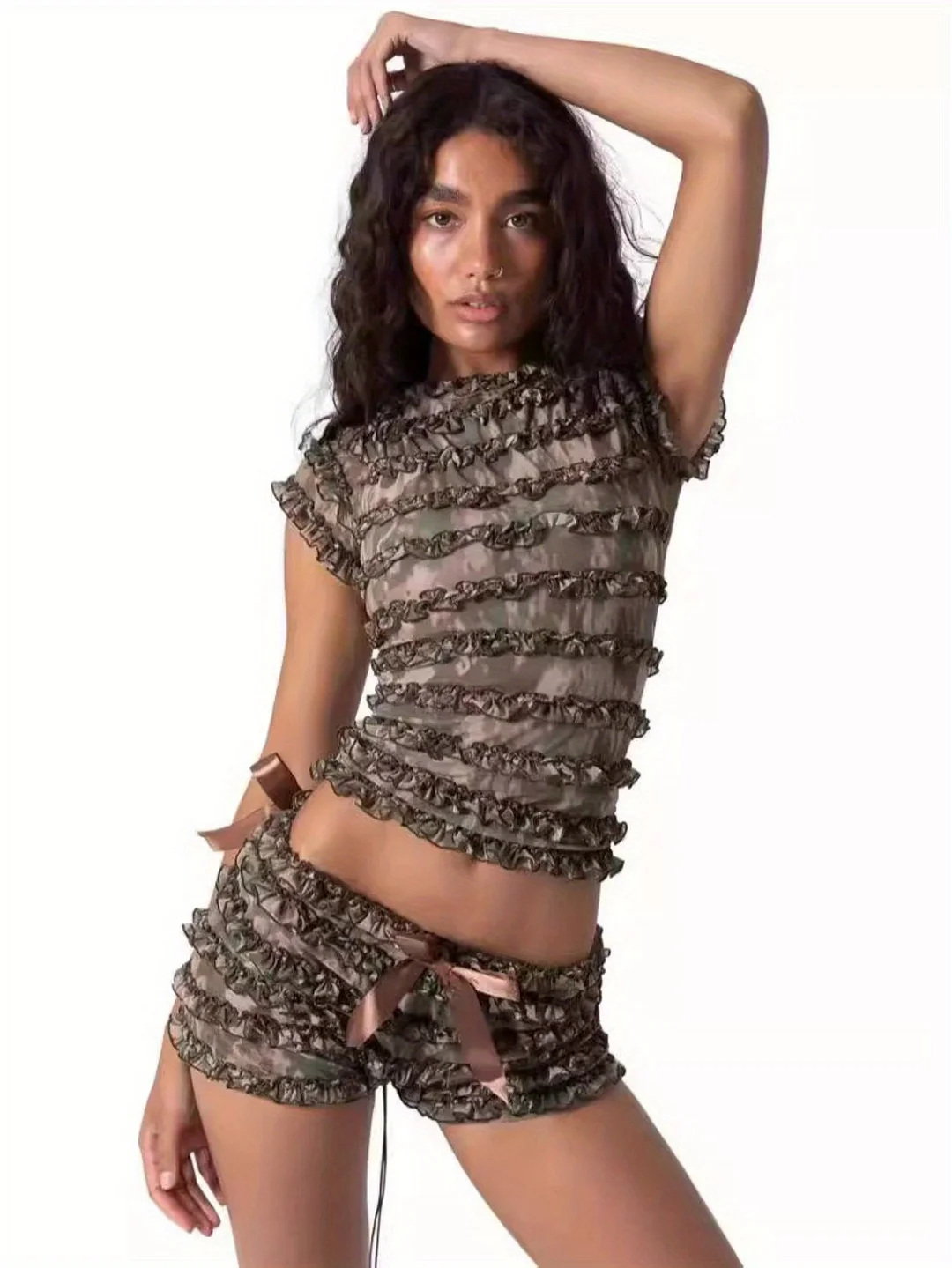 Ladies Lace Suit-2025 New Sweet Hot Wood Ear Edge Hollow Strap Camisole Female Summer Lace Lace Puffy Shorts Two Piece | IFYHOME