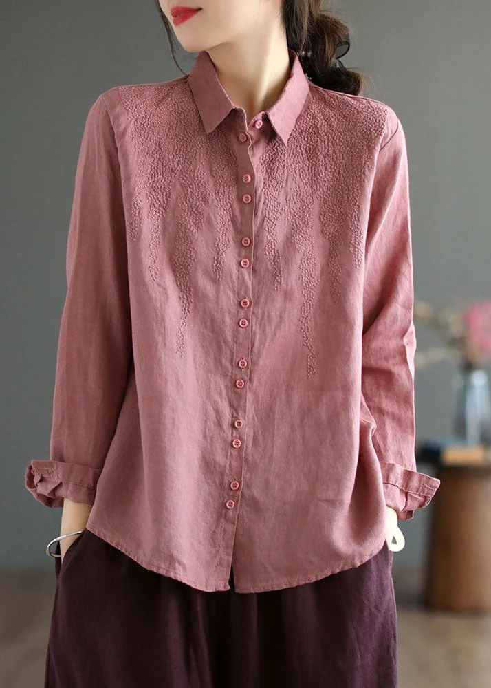 Modern Pink Peter Pan Collar Embroideried Linen Shirts Spring