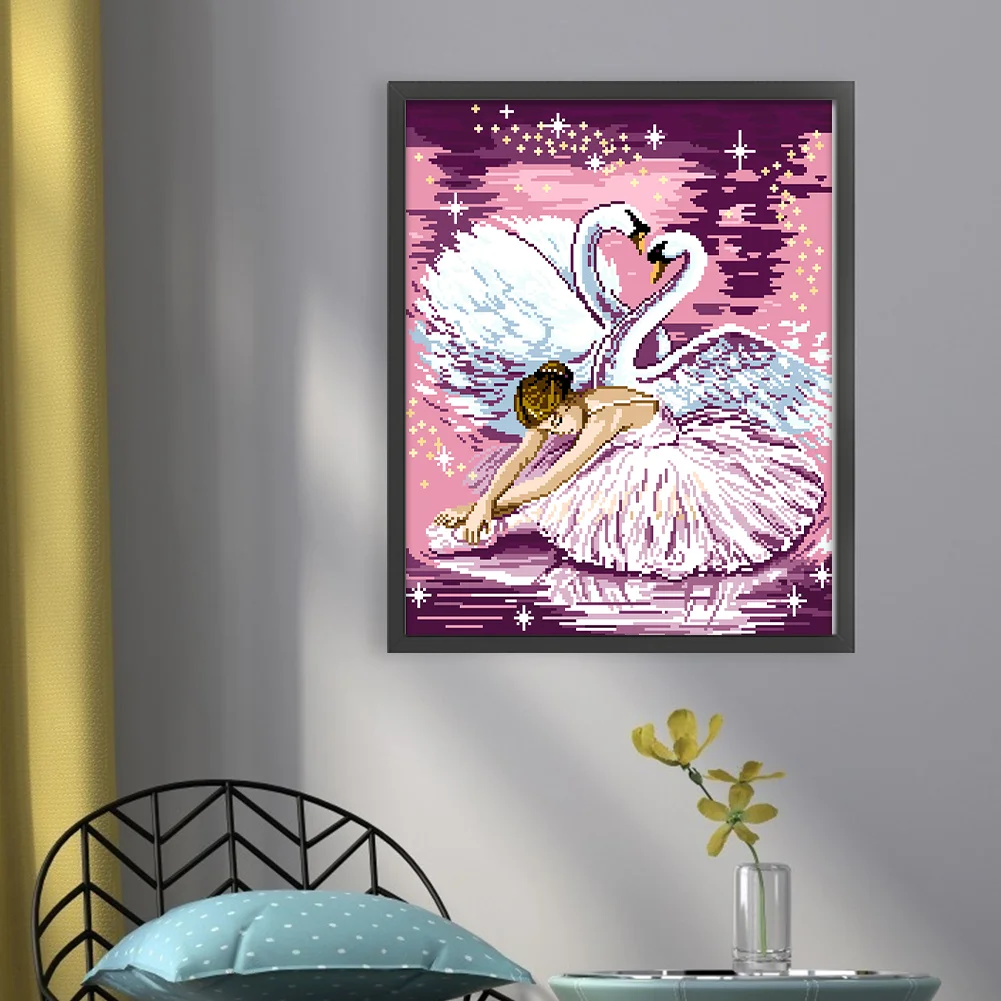 9CT Full Stamped Cross Stitch Bead Embroidery- Swan Dance(Canvas| 43*54CM)