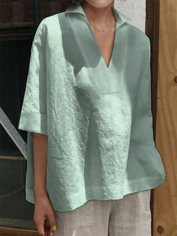 Women's V-neck cotton linen with solid color plus-size loose mid-sleeve shirt
