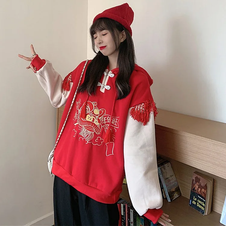 Vintage Lion Dance Embroidery Hoodie - Modakawa Modakawa