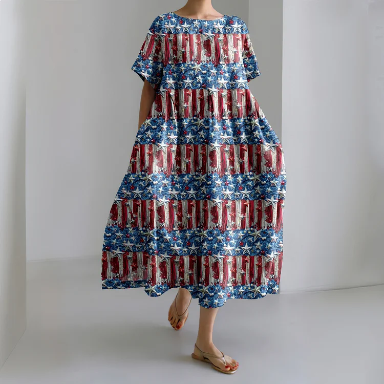 Comstylish Independence Day Star Print Short Sleeve Loose Midi Dress