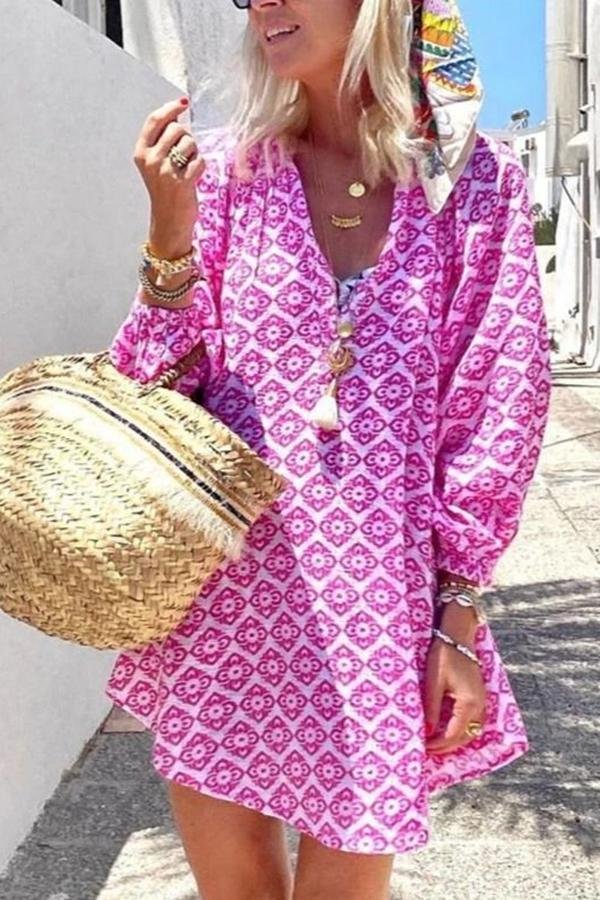 Womens Trendy Ethnic Fringed Pink V-neck Dress-Allyzone-Allyzone