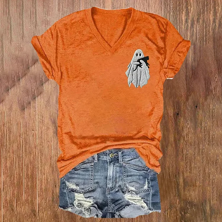 Halloween Cat And Ghost Printe Casual T-Shirt