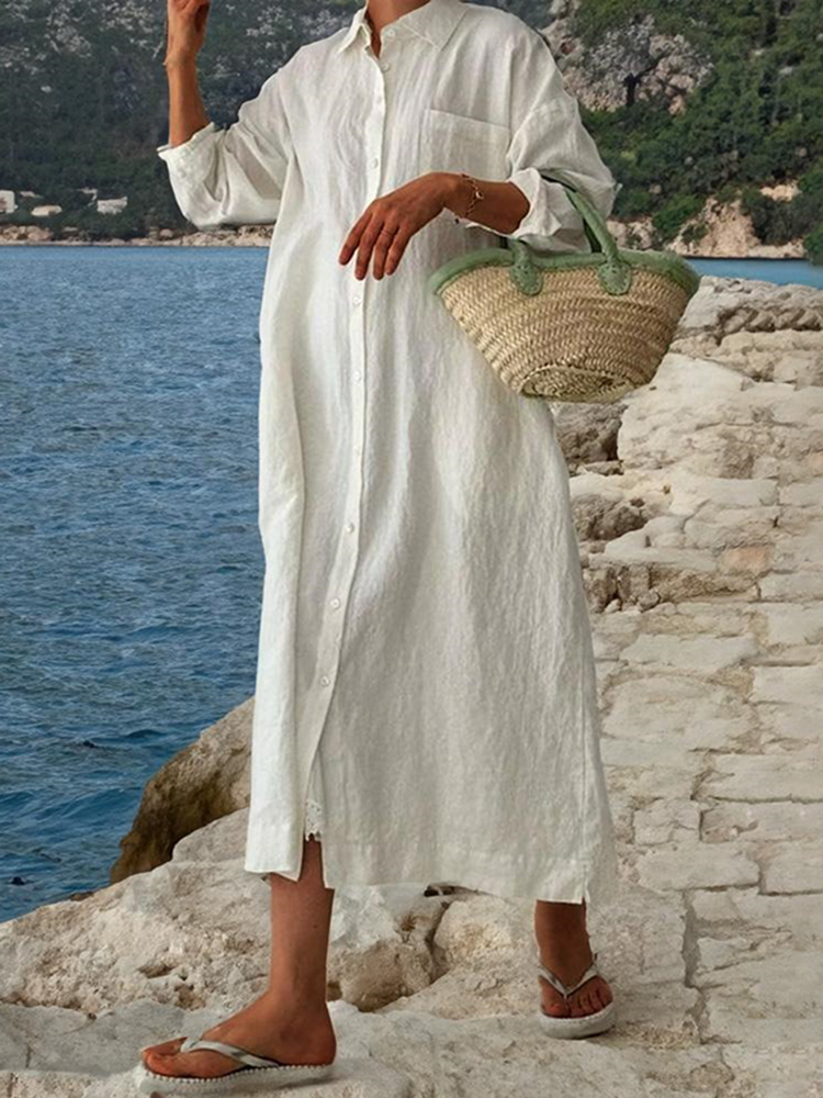 Comstylish Vintage Solid Color Button Down Cotton Linen Maxi Dress