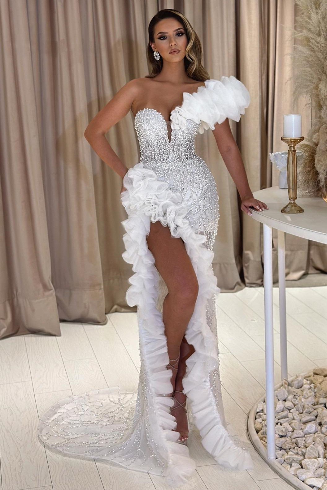 Bellasprom White One Shoulder Mermaid Prom Dress With High Split Beadings  Bellasprom