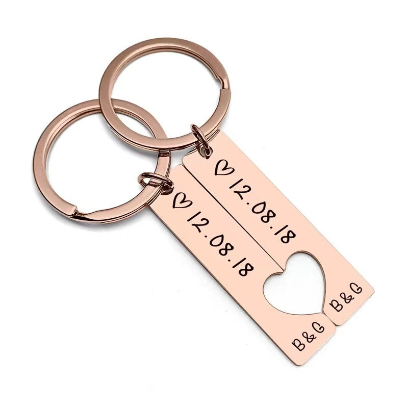 Hot Selling Stainless Steel Strip Heart-Matching Personality Simple Couple Keychain Engraved Date Factory In Stock