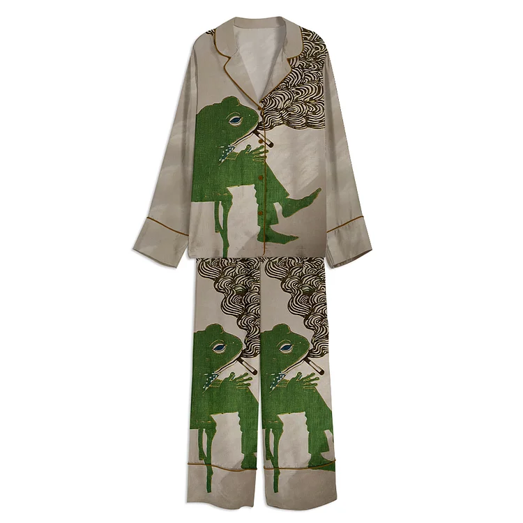Tokyo-Mood Frog Smoking A Cigarette Vintage Unisex Long Sleeve Satin Pajama  Set