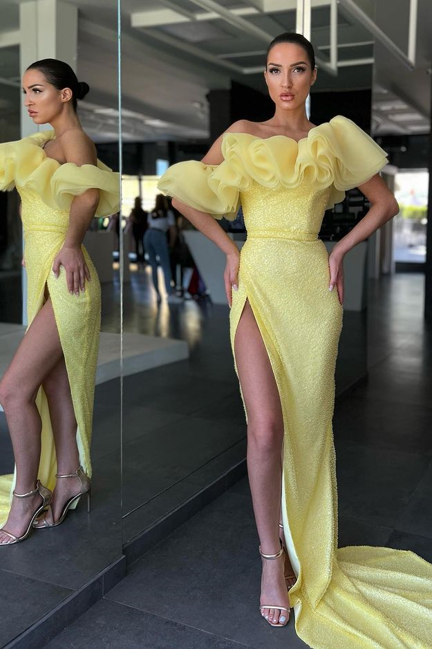 Stunning Daffodil Off-the-Shoulder Mermaid Prom Dress Long Split Sequins - lulusllly