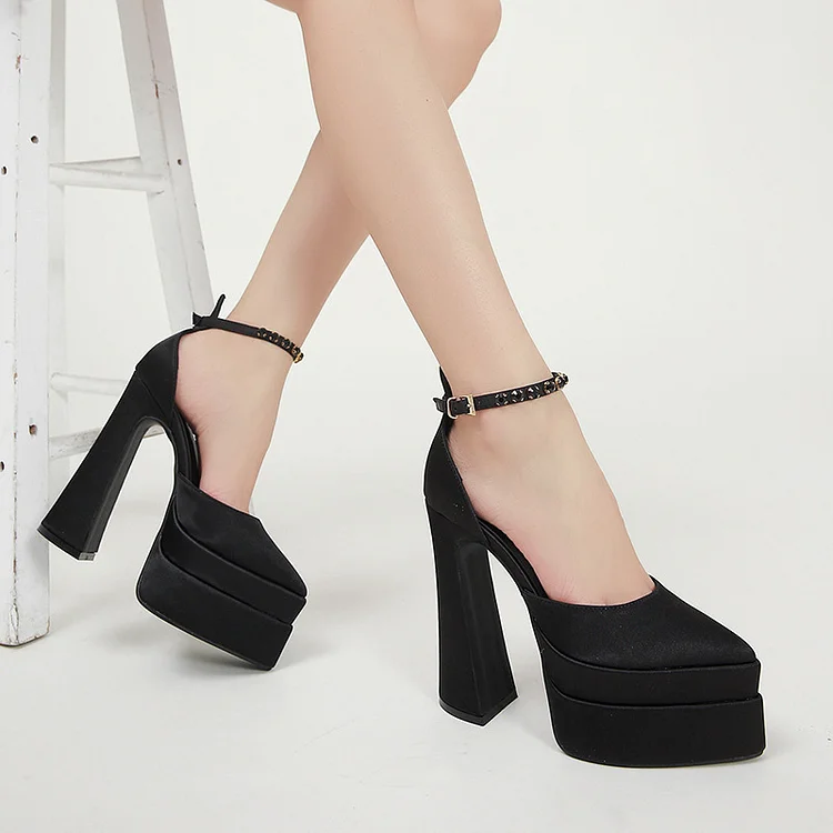 Thick Bottom Chunky Heeled Satin Pumps-Black