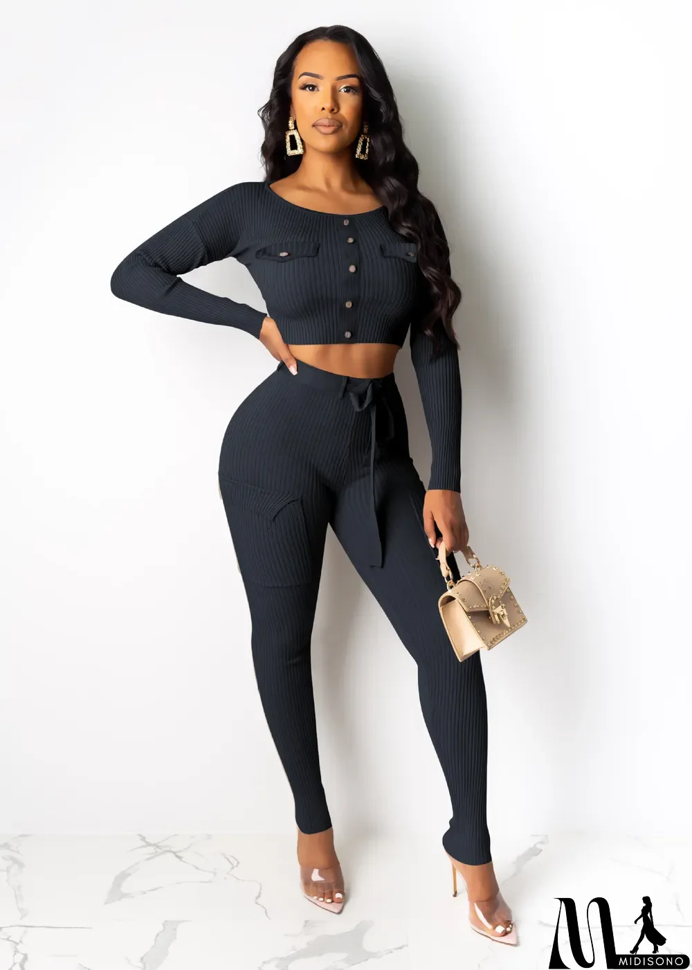 MidiSono - Solid Color Rib Long Sleeve Pant Two Piece Set