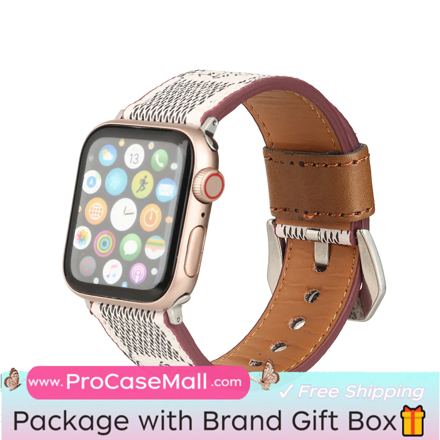 LV Genuine Leather Monogram Canvas Apple Watch Strap Checkerboard Canvas