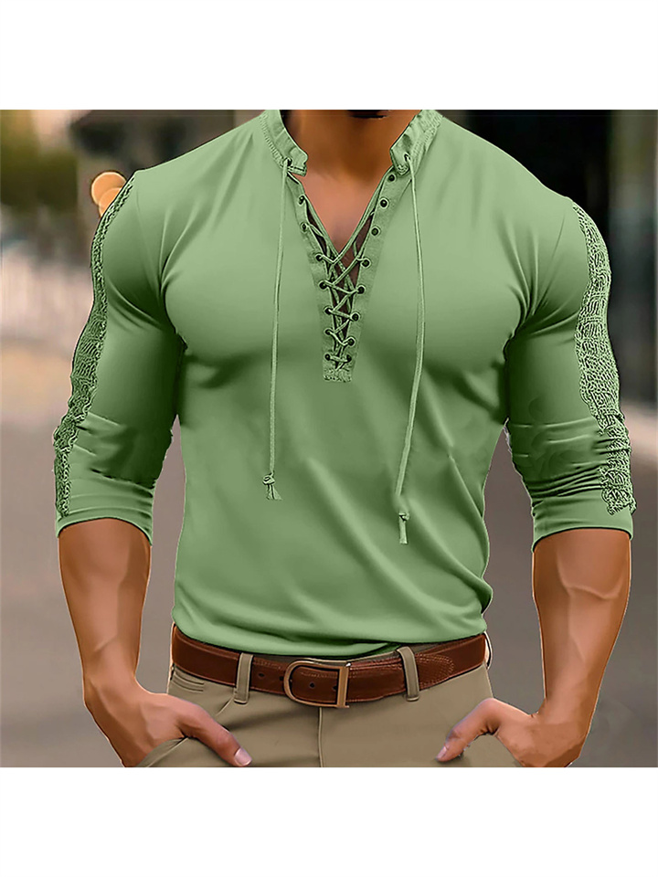 Casual Loose Men's Mesh Fabric Spelling Long-sleeved Henley Shirt Solid Color Tie Collar Pullover Tops Casual Bottoming Shirt Tops