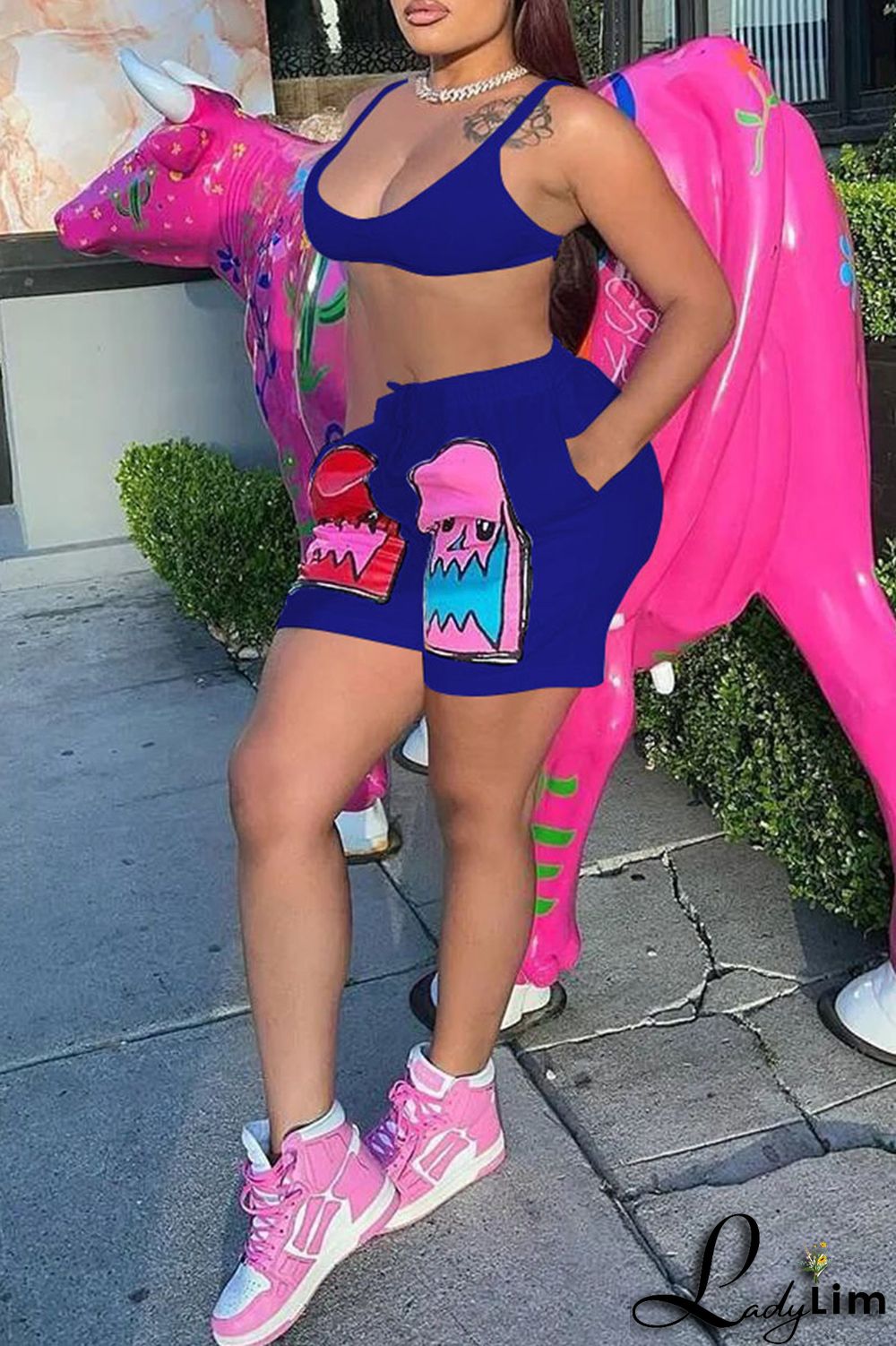 Pink Casual Print Patchwork Spaghetti Strap Sleeveless Two Pieces