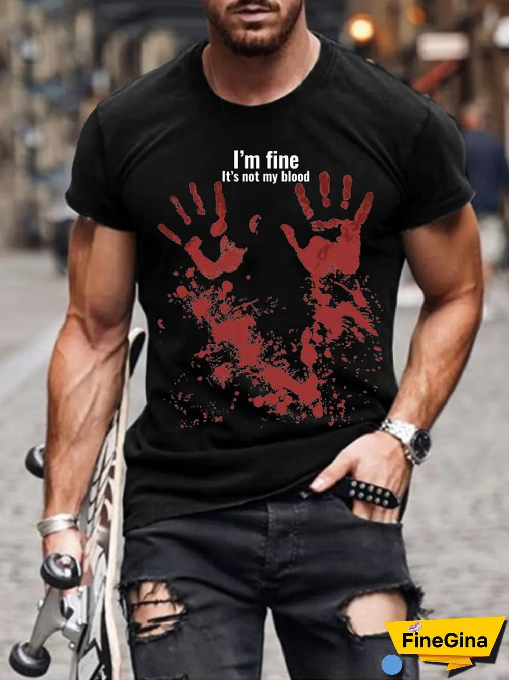 Men's Halloween I'm Fine Bloody Print Short Sleeve T-Shirt