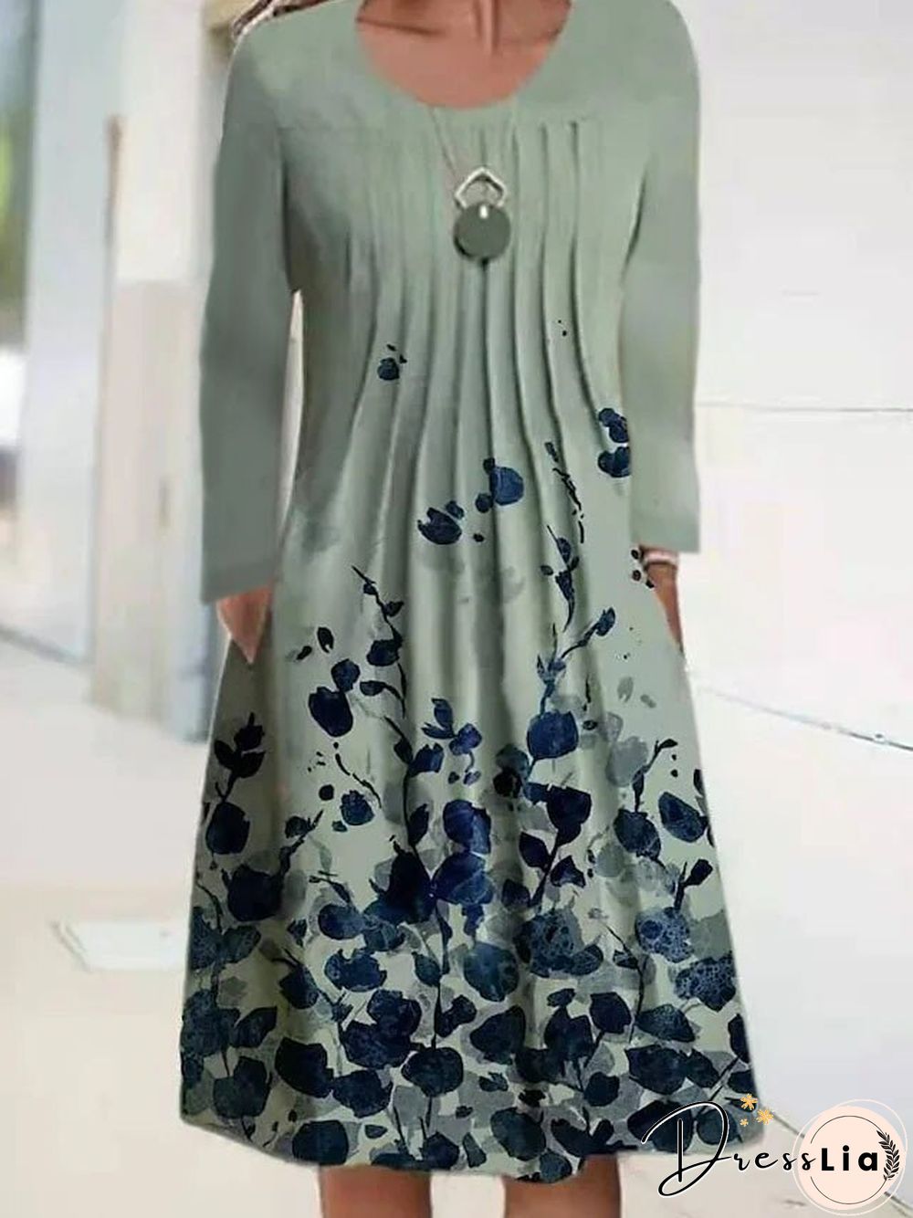 Spring/Summer Floral Print Round Neck Pullover Midi Dress Women's Long Sleeve Vintage Dress
