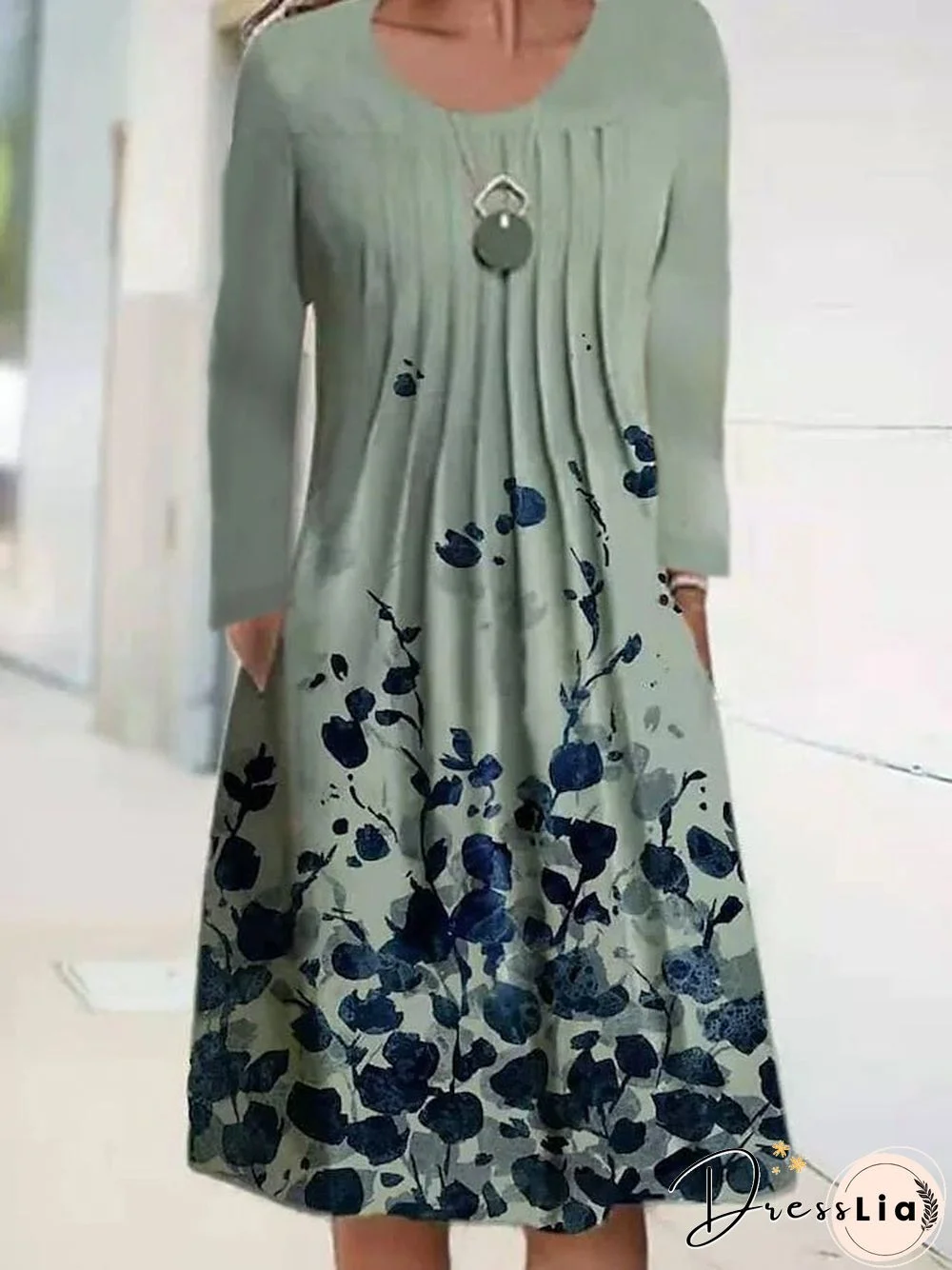 Spring/Summer Floral Print Round Neck Pullover Midi Dress Women's Long Sleeve Vintage Dress