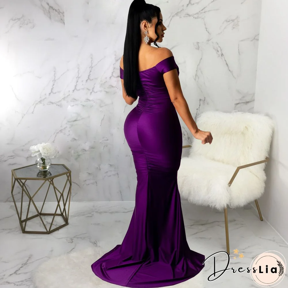 Low Cut Slash Neck Ruched Split Maxi Cocktail Dresses