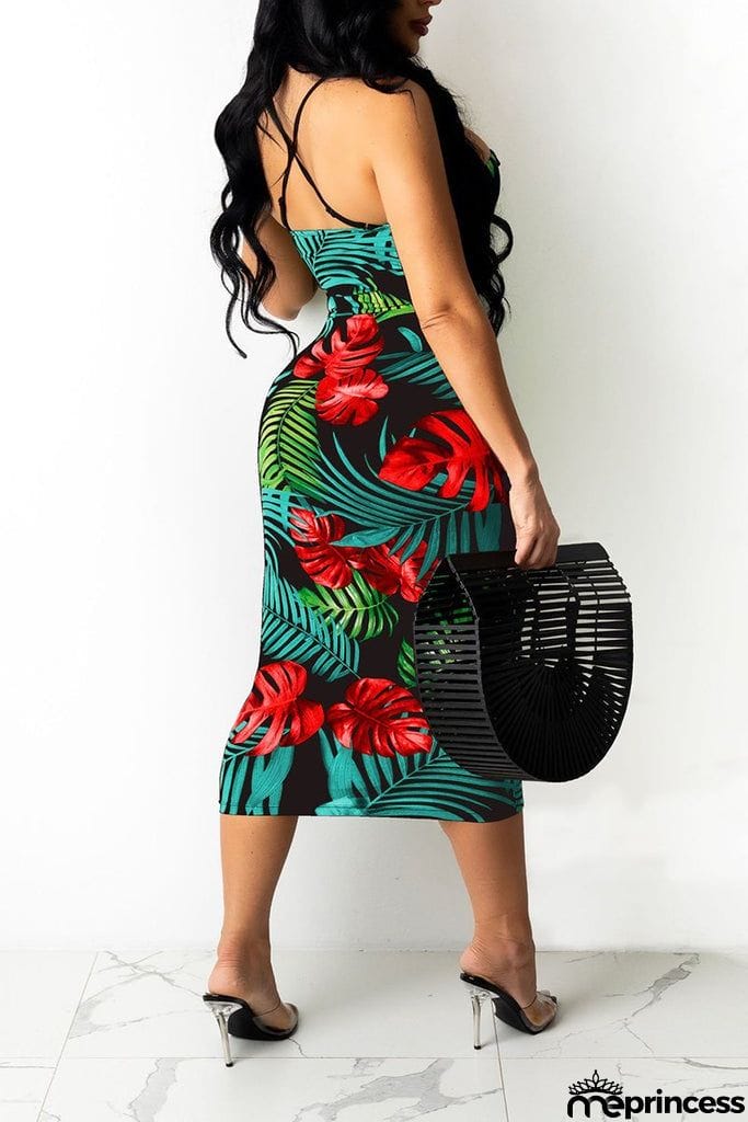 Bandage Leaf Print Sleeveless Midi Dress