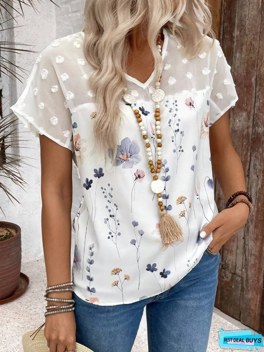 V-neck Lace Patchwork Chiffon Blouse