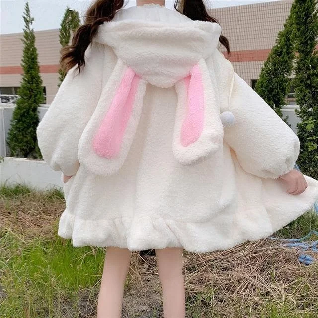 Lolita Teddy Rabbit Ears Hooded Ruffle Faux Wool Zipper Coat SP15335