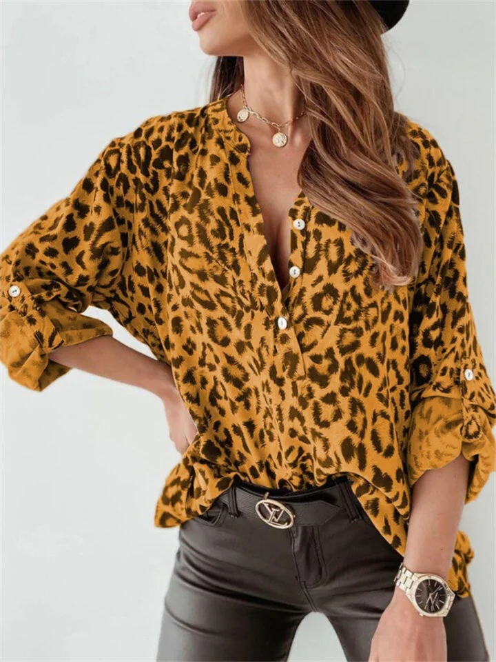 Spring and Autumn Printing Women's Blouses Long-sleeved Leopard V Collar Single-breasted Cardigan Loose Commuter Shirt Women-Cosfine