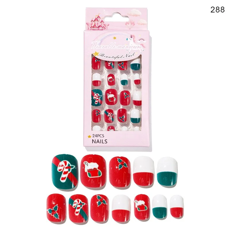 Christmas Child/adult Nails 24 Pieces of Wearable Finished Nails Cute Christmas Pattern Fake Nails Full Cover Nail Tips Xxl