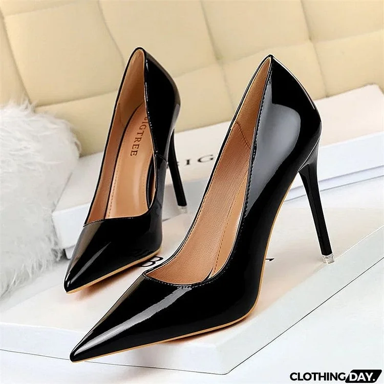 New Elegant Patent Leather Concise Pointed Toe Office Sexy Nude Pumps