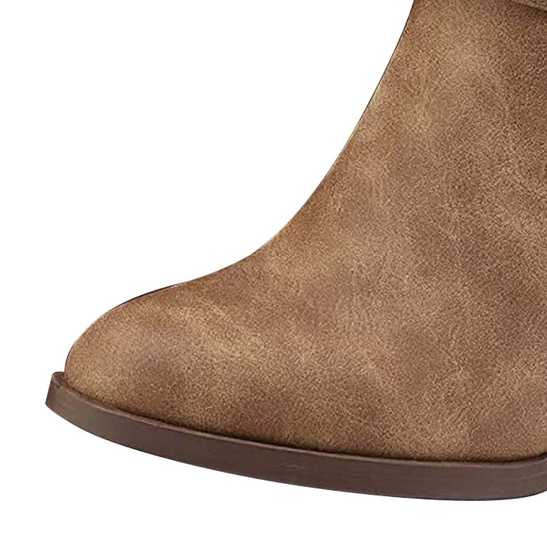 Tan Round Toe Block High Heel Strappy Buckled Ankle Boots with Zipper