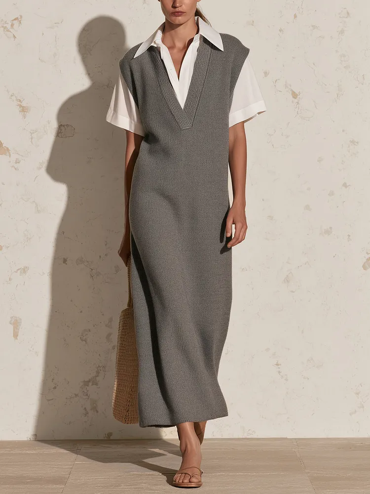 Minimalist Knit Maxi Dress &ndash; Collared Shirt Detail Sleeveless Sweater Dress