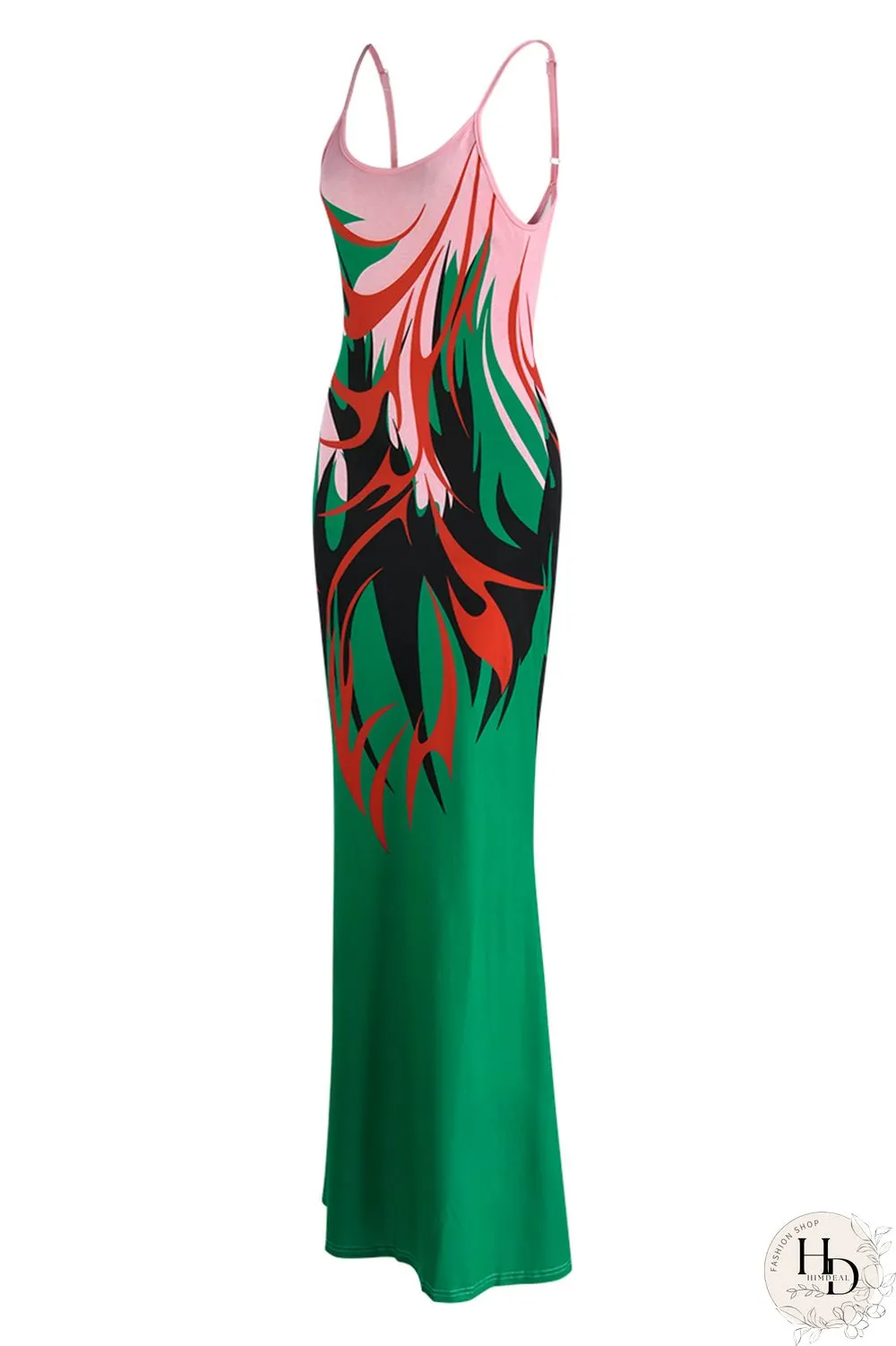 Ginger Fashion Sexy Print Backless Spaghetti Strap Long Dress