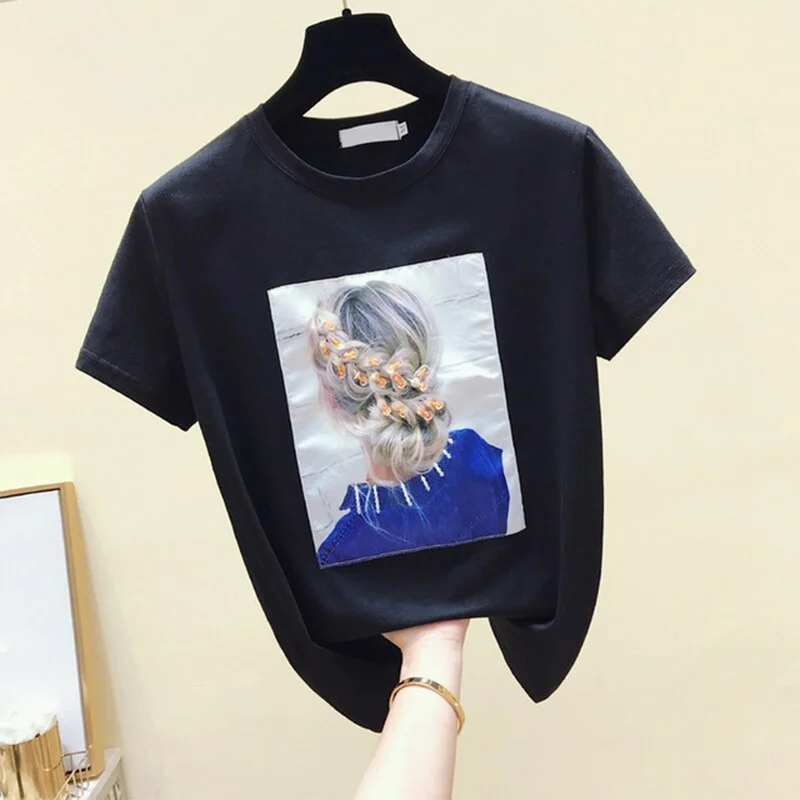 Women T-shirt Short Sleeve Floral Appliques Bow Ladies Printed Tshirts O-neck Loose Casual Harajuku Sweet 2021 Summer Girls Top
