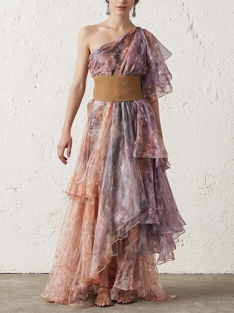 Chiffon Fantasy Print Off-the-shoulder Dress