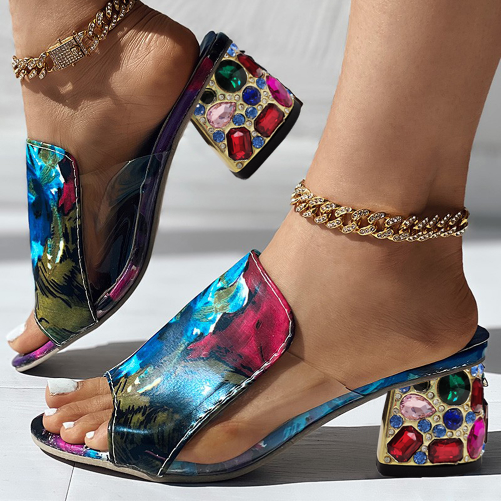 Multicolor & Clear Patent Leather Open Toe Decorative Heel Mules Nicepairs