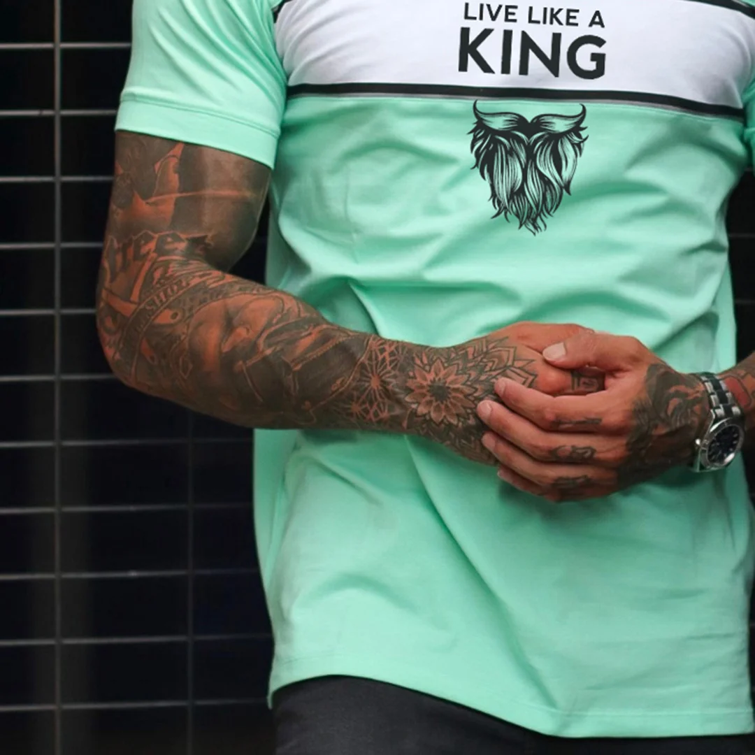 Men's Fashion Live Like A King Print Color Matching Casual Slim Fit Short Sleeve T-Shirt