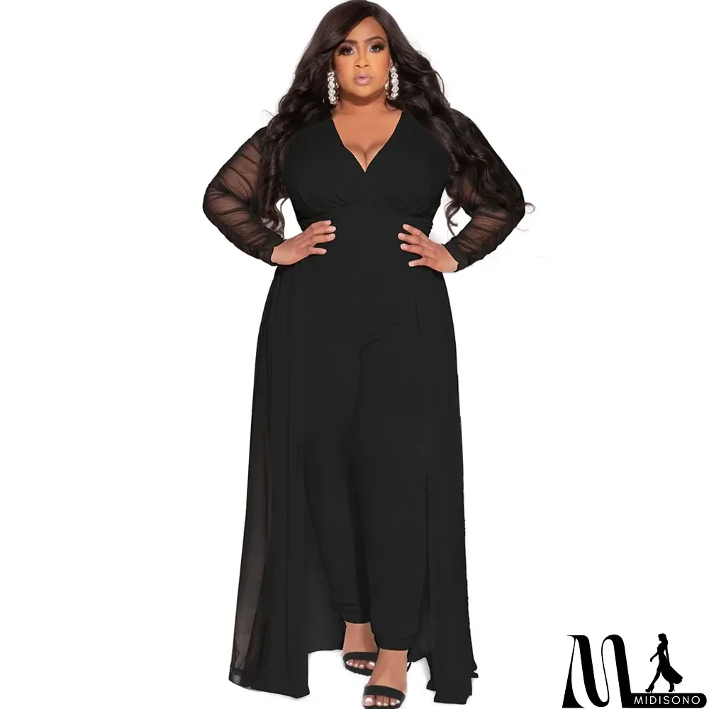 MidiSono - Plus Size Sexy V-Neck Patchwork Long Sleeve Solid Color Suit