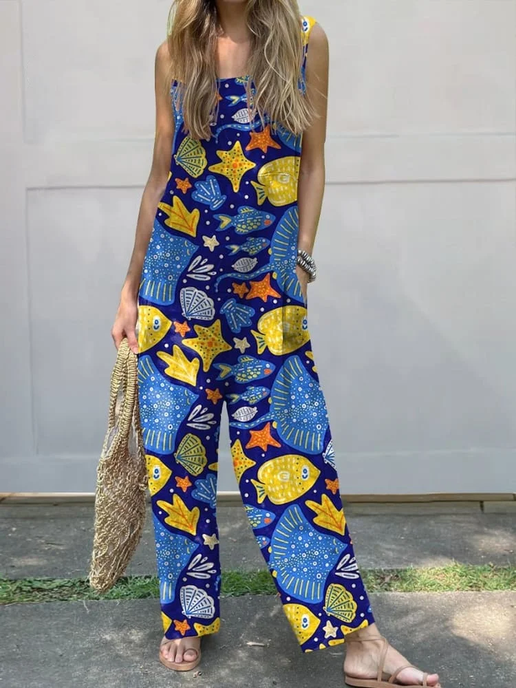 Sea Fish And Sting Ray Pattern Printed Women's Casual 100% Cotton Wide Leg Jumpsuit