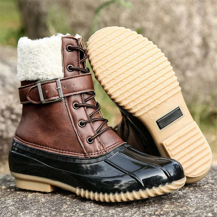 Women Warm Plush Lining Mid Calf Snow Boots | Front Lace Duck Boots